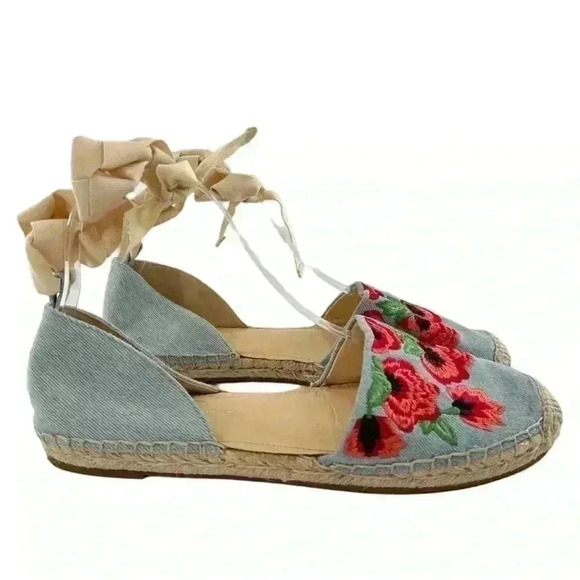 Jessica Simpson Flippo flats size 8.5 38.5 denim floral embroidered espadrilles - Picture 13 of 13